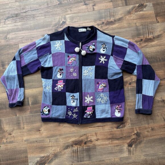 Vintage BP Design Purple Full Zip Ugly Christmas Sweater Snowman Size XL Holiday - Picture 1 of 9